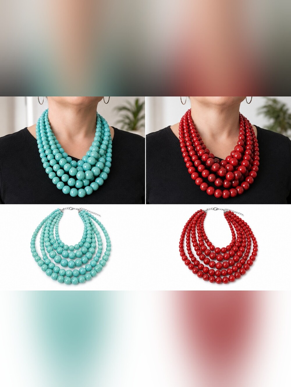 Elegant Multi-Strand Beaded Necklace - Turquoise / Red